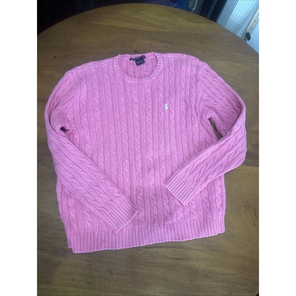 Vintage  Ralph Lauren Cable Knit Sweater Women’s Large Crewneck Pony Preppy Pink